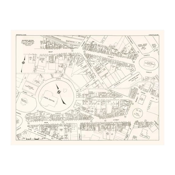 Annapolis Art, 1947 Vintage Map of Downtown Annapolis Maryland, MD History Wall Decor Gift, Old Annapolis Map - 36" x 24" Unframed Print