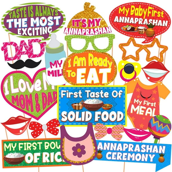 Annaprashan Photo Booth Party Props Annaprashan Ceremony Yellow Color, Annaprashan Decoration Item (22 Pcs)