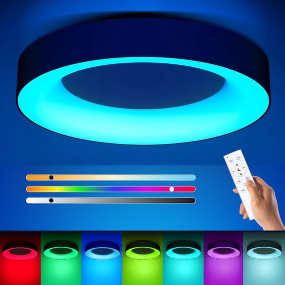 Annaror 11'' RGB Flush Mount Ceiling Light with Remote Control, 24W 2400LM Dimmable Ceiling Light Fixture, 3000K-6500K Modern Low Profile Ceiling Lights for Bedroom Kids Room, Black