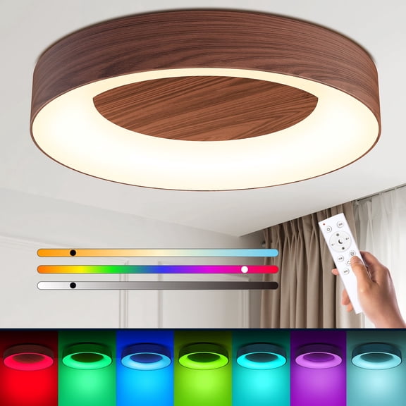 Annaror 11'' RGB Flush Mount Ceiling Light with Remote Control, 24W 2400LM Dimmable Ceiling Light Fixture, 3000K-6500K Modern Low Profile Ceiling Lights for Bedroom Kids Room, Dark Walnut