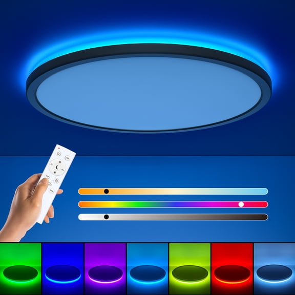 Annaror 12 '' LED Flush Mount Light with Remote, RGB Ceiling Light Fixture, 24W 3000K-6500K Dimmable Ultra-Thin Low Profile Light for Bedroom Kids Room Living Room,Black