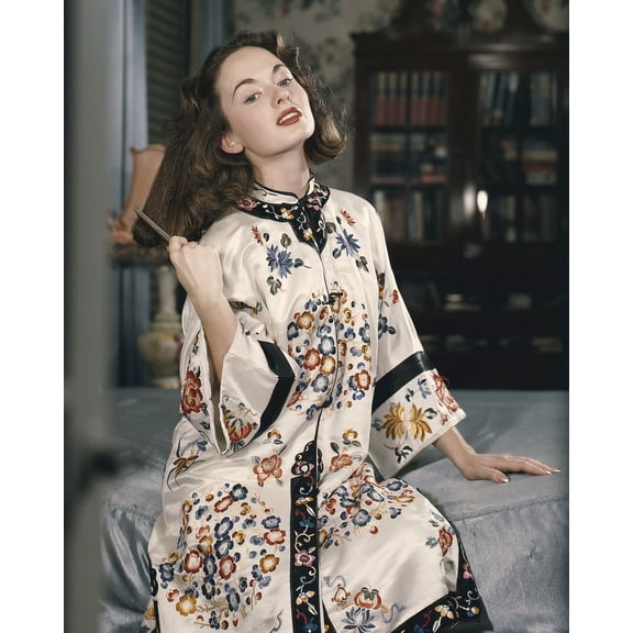Anne Blythe Silk Flowered Kimono Combing Hair On Bed 24X36 Classic Hollywood Poster
