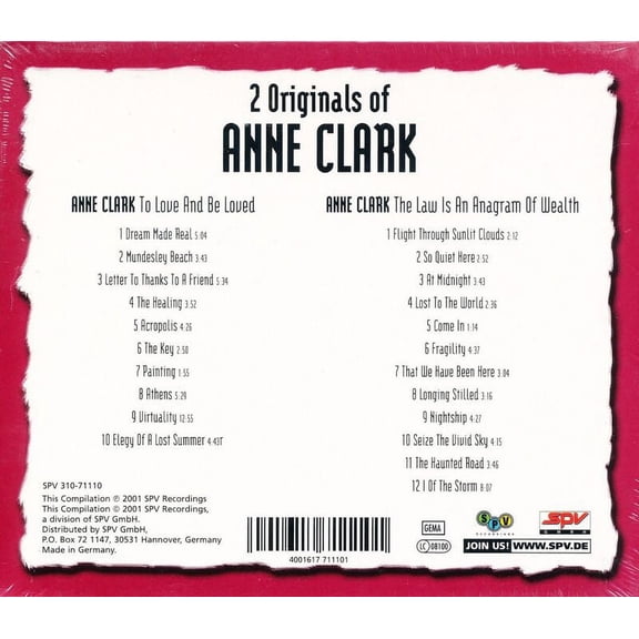 Anne Clark - 2 Originals Of Anne Clark (To Love And Be Loved / The Law Is An Anagram Of Wealth) - Audio CD