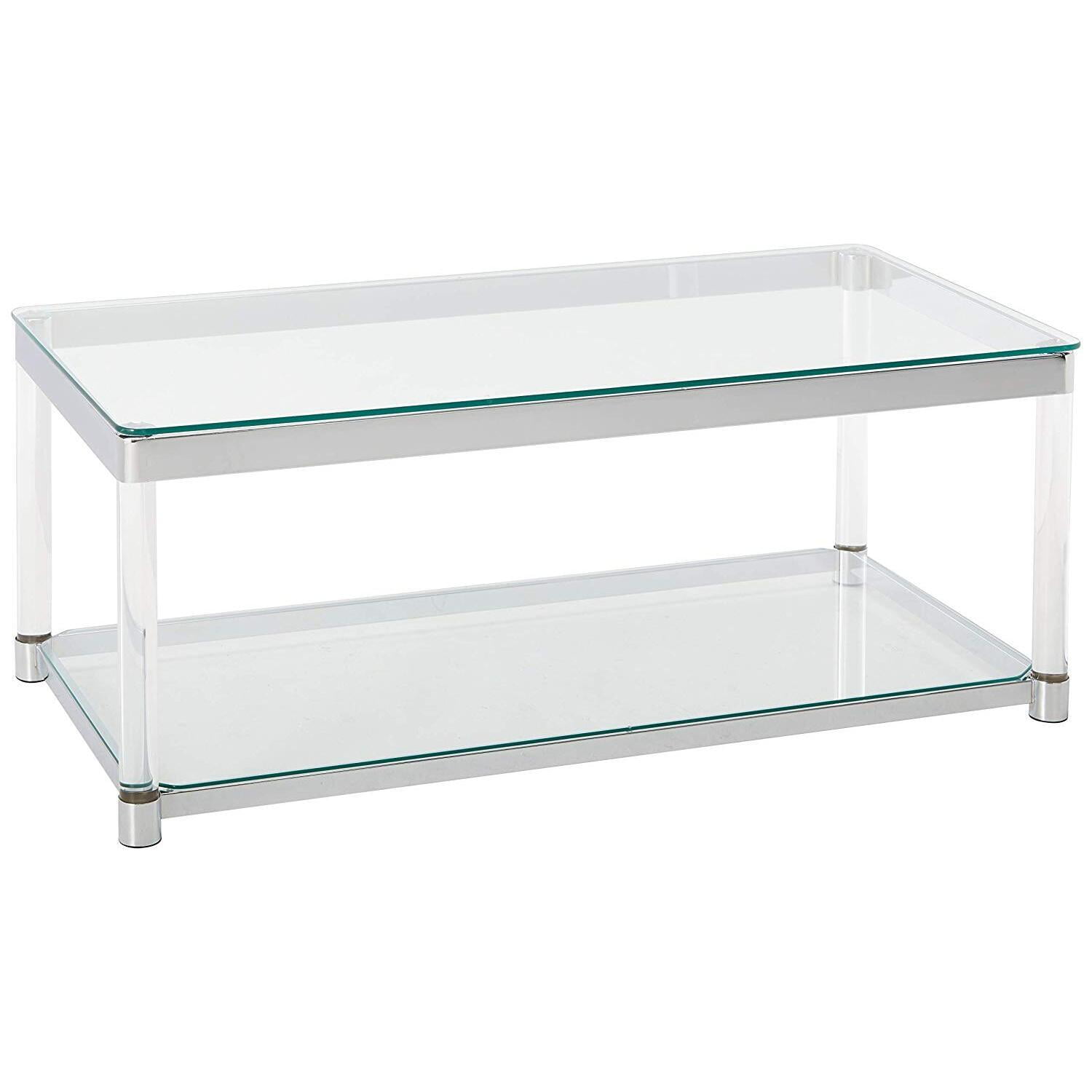 Elegant 48" Silver Metal & Glass Rectangular Coffee Table with Acrylic Legs