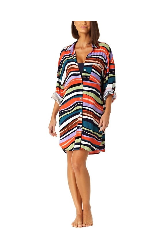 Boyfriend Button-Down Cover-Up Shirt Multicolor MD US Women's 8