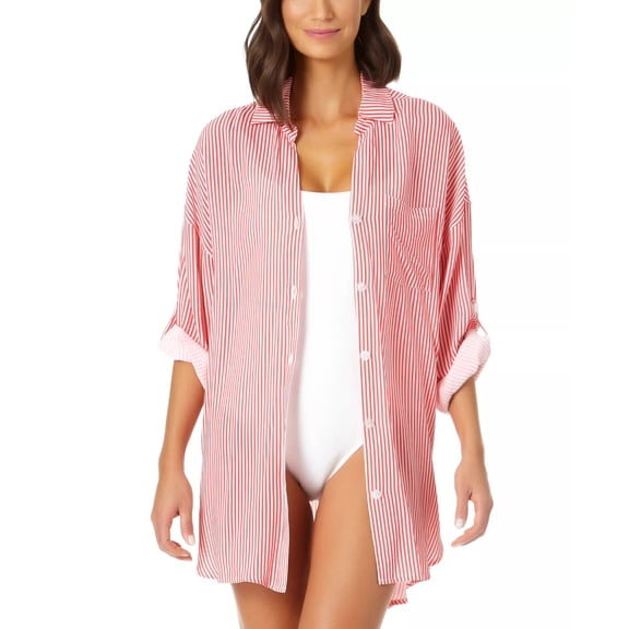 Anne Cole CORAL STRIPE Coastal Palm Boyfriend Shirt Cover-up, US Medium