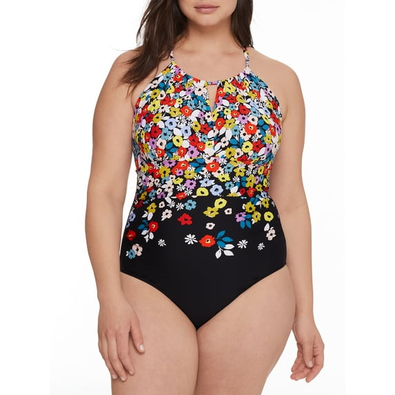 Anne Cole Signature Womens Plus Size Flower Field High-Neck One-Piece Style-22PO06469 Swimsuit
