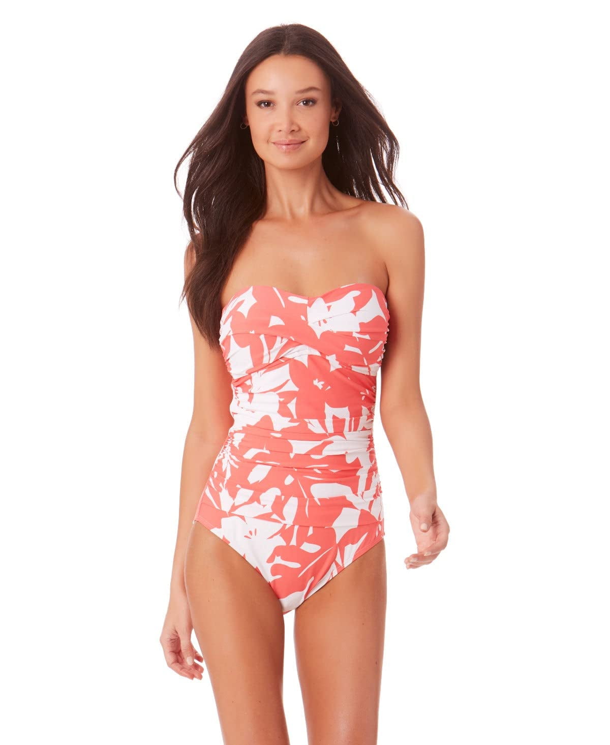 Anne Cole Twist Front Shirred Bandeau One Piece Coral Print 8 Walmart
