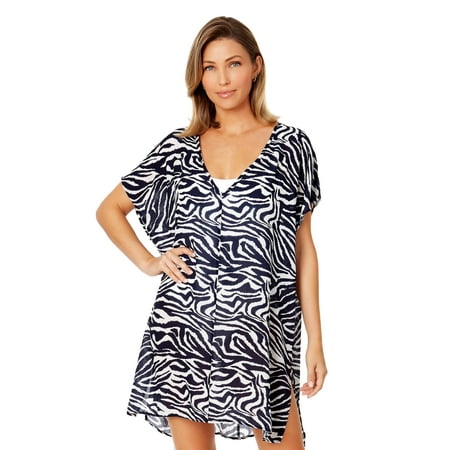 Anne Cole V-Neck Cover-Up Blue Tunic Zebra Shadow Large X-Large