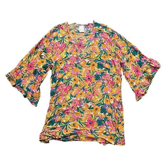 Anne Cole Women's Flounce Slightly Sheer V Neck Tunic Swimsuit Cover Up (Sunshine Floral, M/L)