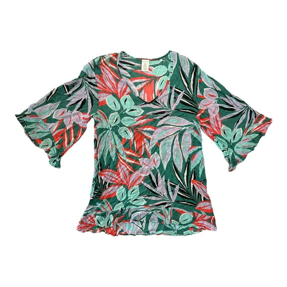 Anne Cole Women's Flounce Slightly Sheer V Neck Tunic Swimsuit Cover Up (Zesty Trop, XS/S)