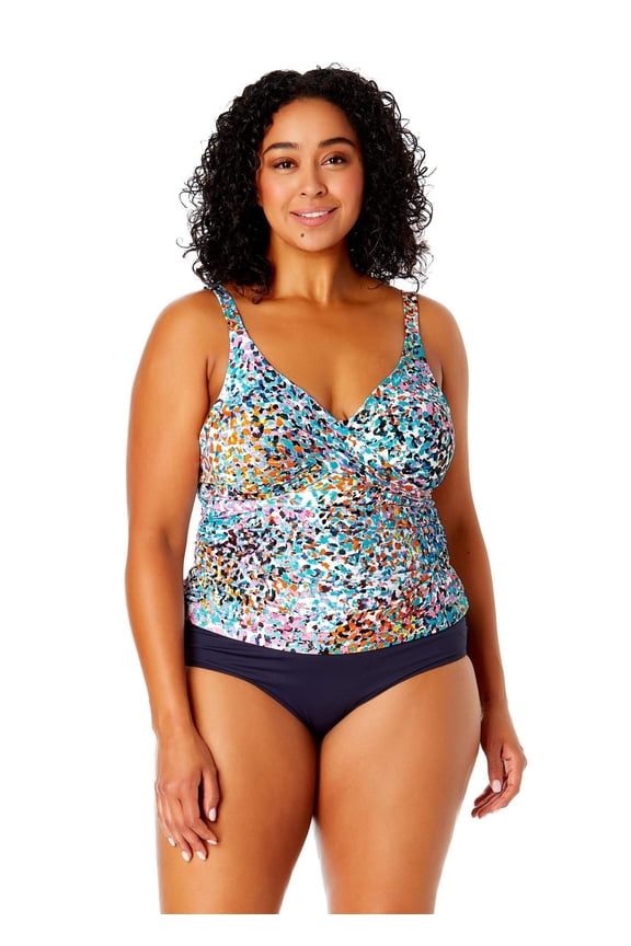 Women's Plus Size Sunset Dot Hidden Underwire Drape Front Tankini Swim Top