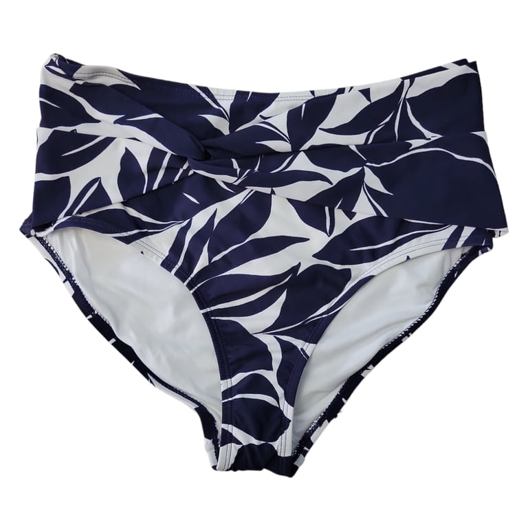 Anne Cole Women's Printed Fold Over Bikini Bottom - Navy & White Coastal Palms Pattern, Mid Rise, Moderate Coverage
