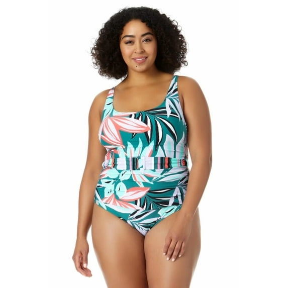 Anne Cole Women's Zesty Tropical Belted Scoop Neck One Piece Swimsuit Multi Size 16W