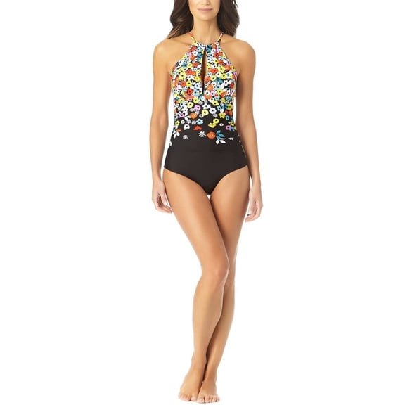 Anne Cole Womens Floral High-Neck One-Piece Swimsuit Navy 16