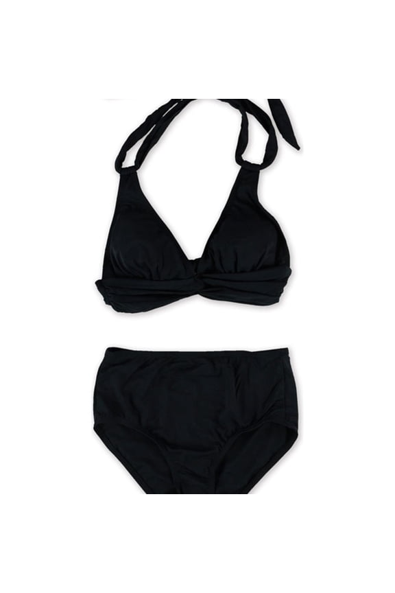 Womens Halter Twist Brief 2 Piece Bikini, Black, X-Small