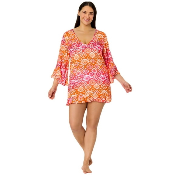 Anne Cole Womens Tie Dye Foulard V Neck Flounce Tunic Cover Up Tie Dye Pink M