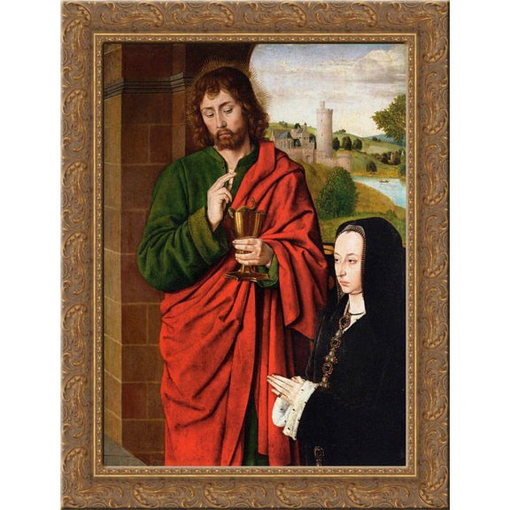 Anne of France, Lady of Beaujeu, Duchess of Bourbon, presented by St. John the Evangelist, right hand wing of a triptych 24x18 Gold Ornate Wood Framed Canvas Art by Jean Hey