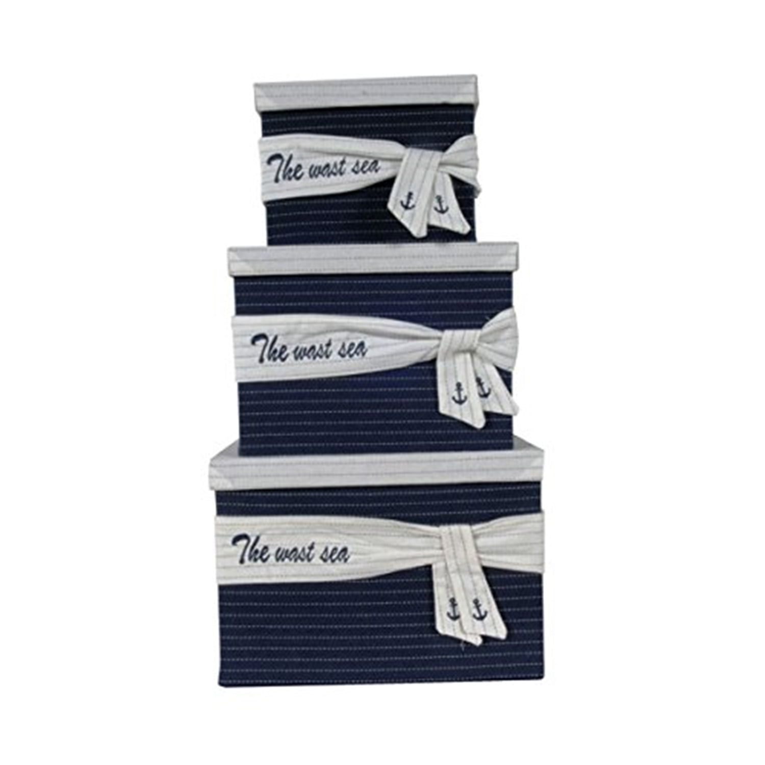 Navy and White Fabric Lidded Storage Boxes, Set of 3