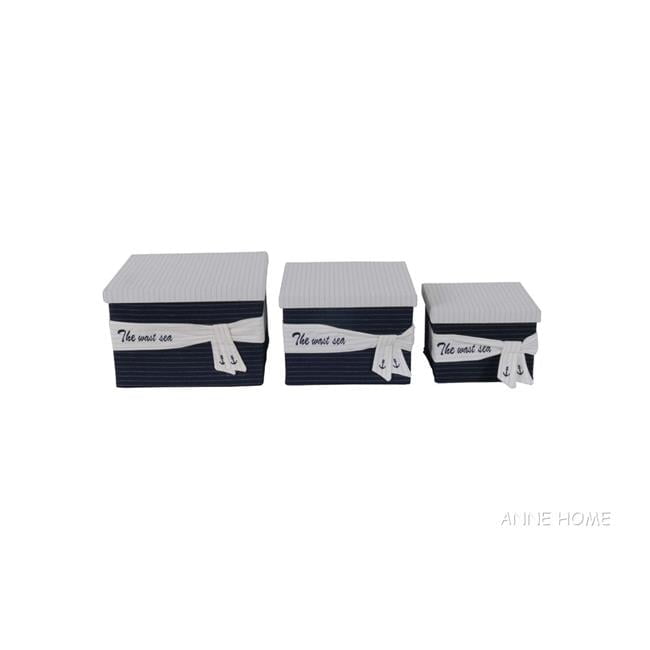 Navy and White Fabric Lidded Storage Boxes, Set of 3