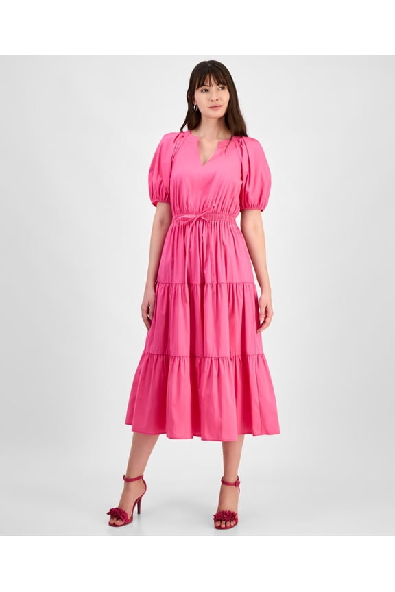 CARMINE ROSE Womens Tiered Puff-Sleeve Split-Neck MIDI Dress, US P/XL
