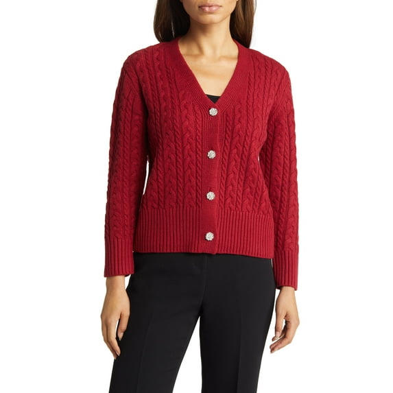 Anne Klein Crystal Embellished Cable Knit V-Neck Cotton Blend Cardigan Titan Red XL