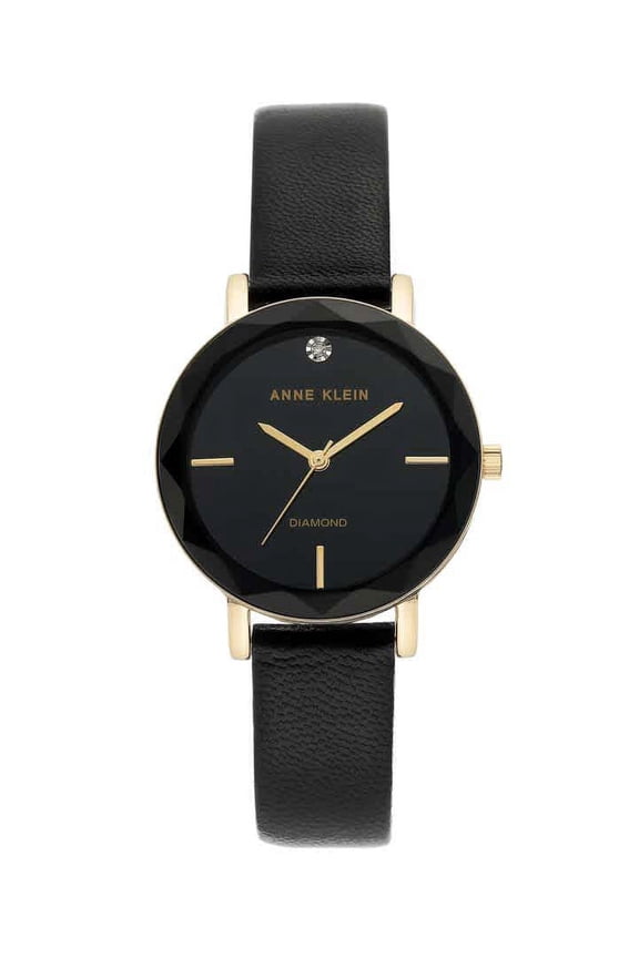 Genuine Diamond Dial Gold-Tone and Black Leather Strap Ladies Watch