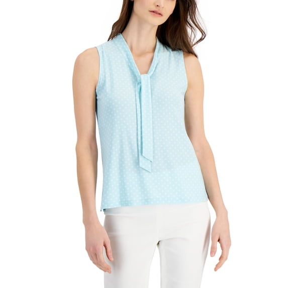 Anne Klein Dot Print V Neck Top Ocean Sky White M
