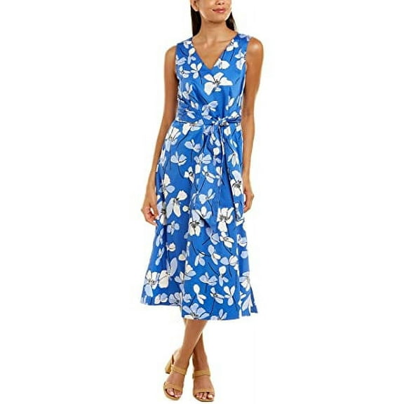 Anne Klein Floral-Print V-Neck Midi Dress Blue Lapis Combo XL