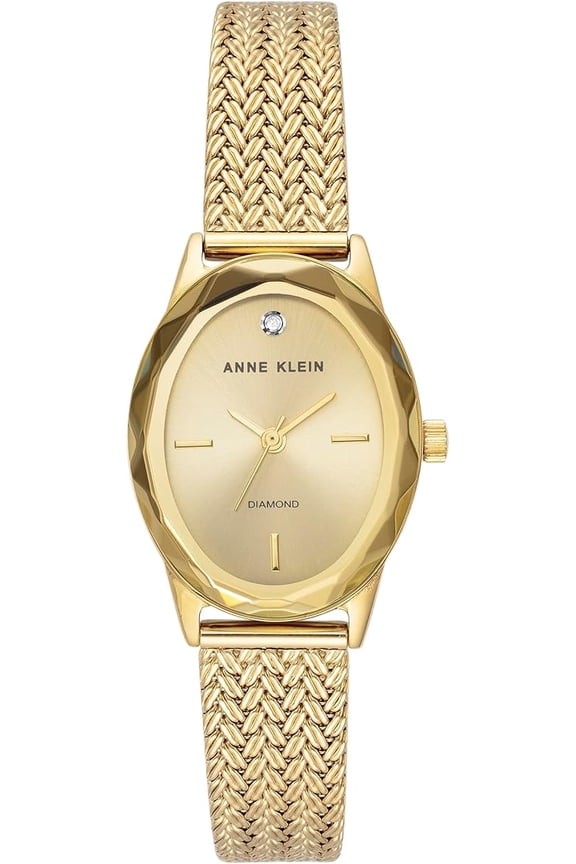 Gold-Tone Oval Champagne Sunray Facetted Crystal Mesh Ladies Watch