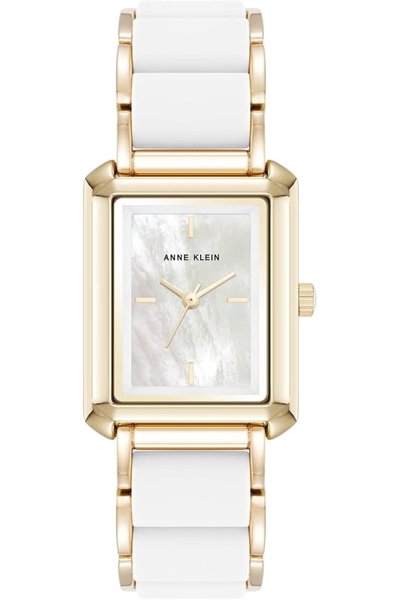 Gold-Tone Rectangular White Mother-of-Pearl Silicone Ladies Watch