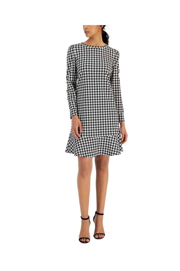 Houndstooth Long Sleeve Ruffle Hem Shift Dress Anne Black/Anne White XL