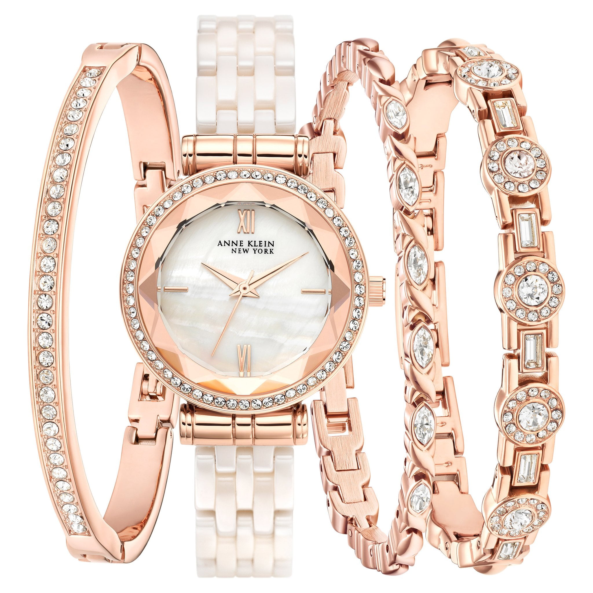 Anne Klein New York Ceramic 3 Bracelet & 32mm Watch Set in Rose Gold with  Swarovski Crystals