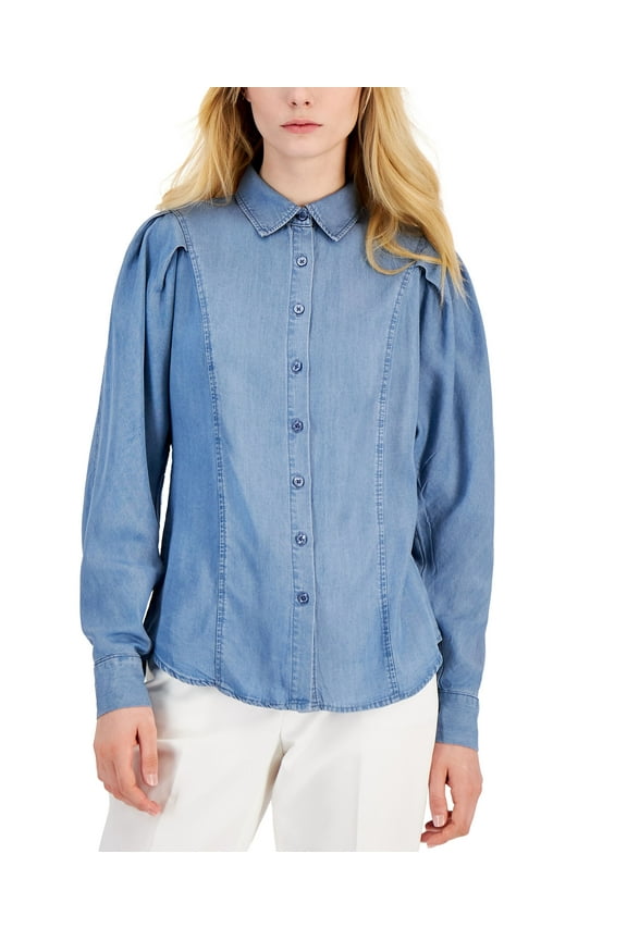 Petite Pleated Denim Shirt Light Denim Wash PL