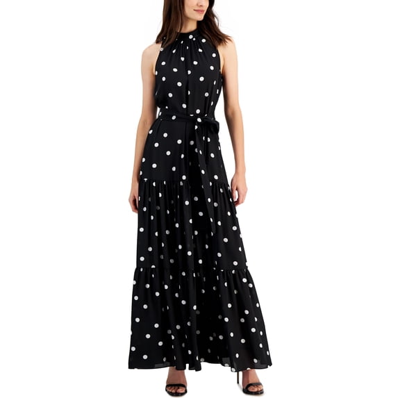 Anne Klein Petite Polka Dot Tiered Maxi Dress Anne Black 10P