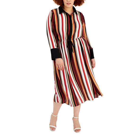 Anne Klein Plus Size Striped Drawstring Shirtdress Poppy Combo 16W