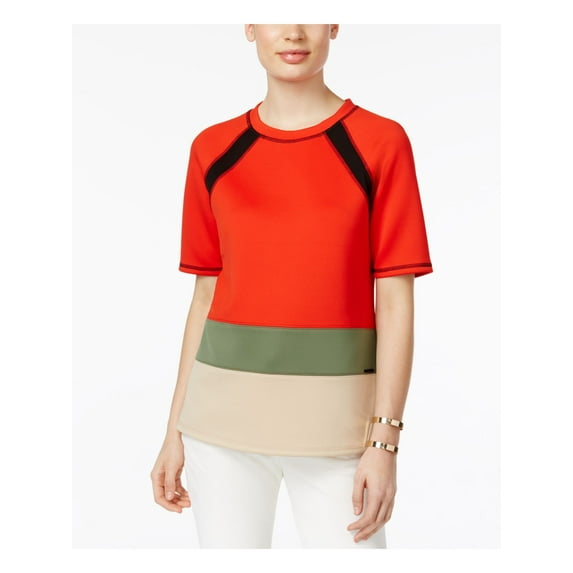 Anne Klein Red Avocado Raglan-Sleeve Colorblocked Mesh Inset Top L