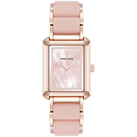 Anne Klein Rose Gold-Tone Rectangular Pink Mother-of-Pearl Silicone Ladies Watch