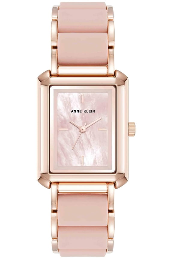 Rose Gold-Tone Rectangular Pink Mother-of-Pearl Silicone Ladies Watch