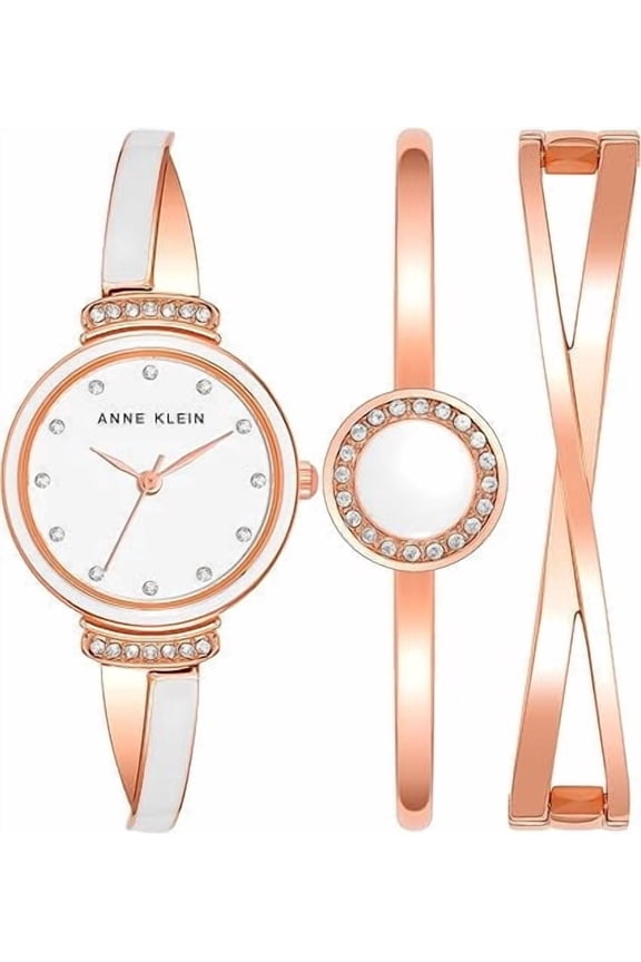 Rose Gold-Tone White X-Shaped Bangle Crystal Accent Set Ladies Watch
