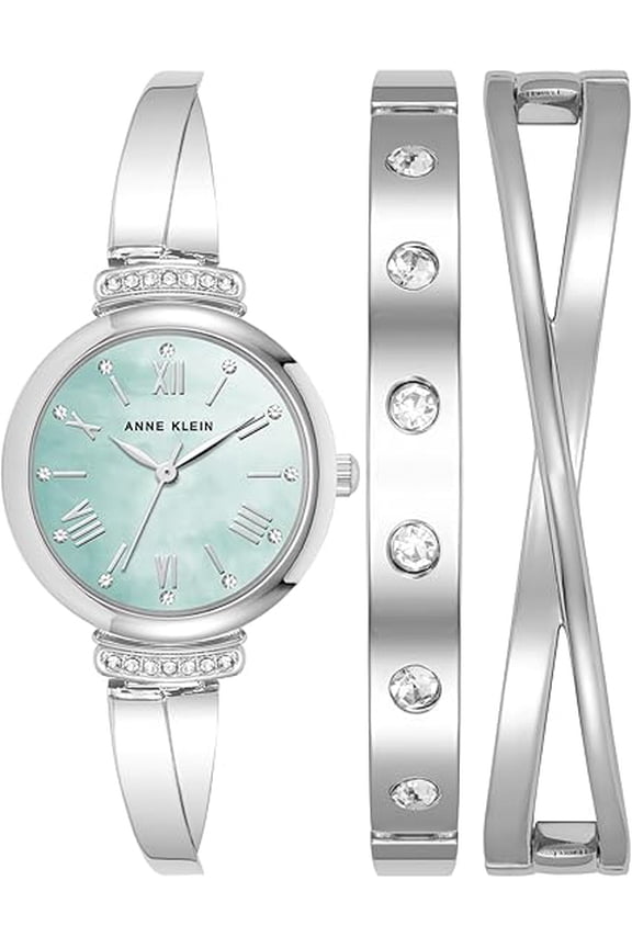 Silver-Tone Light Blue Mother-of-Pearl X-Bangle Set Ladies Watch