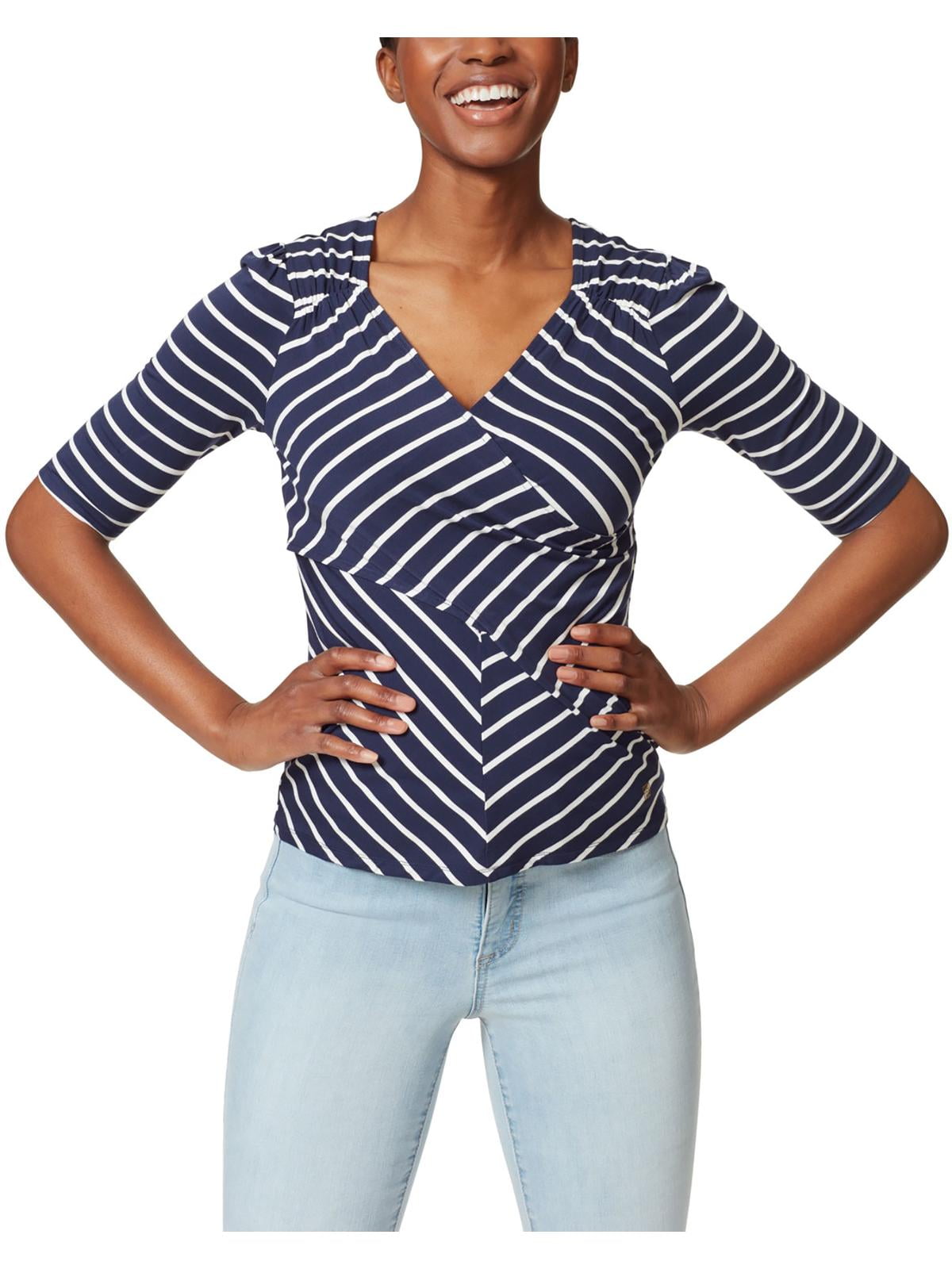 Anne Klein Sport Womens Alyssa Striped Surplice Shirts Tops