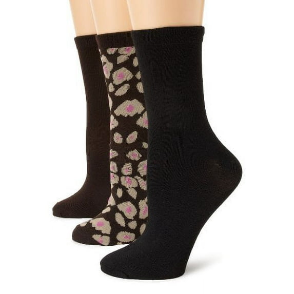 Anne Klein Women's 3 Pair Pack Leopard Crew Socks, Brown/Brown/Black, One Size