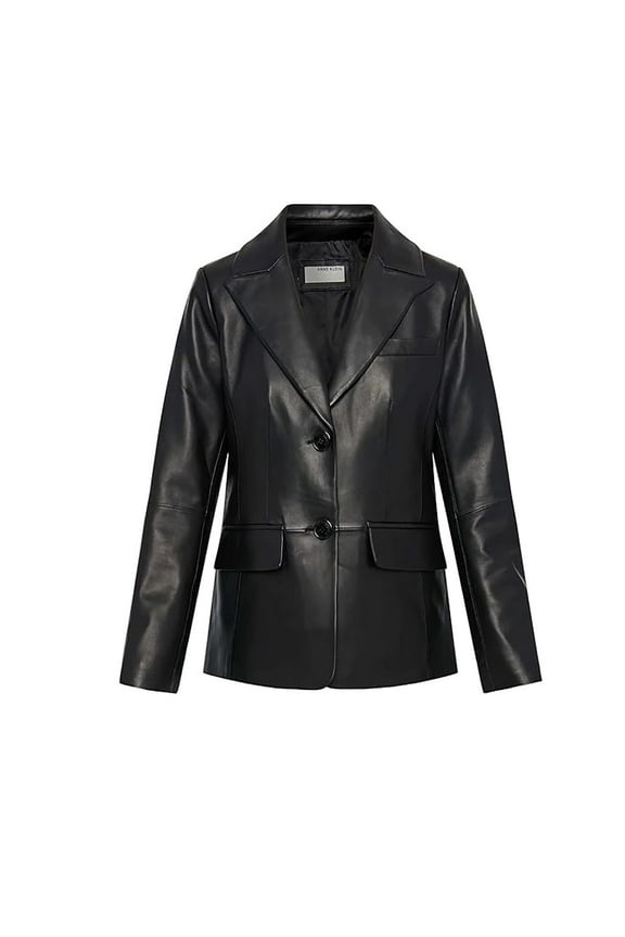 Women's Classic Leather Blazer Jacket (Black, L)