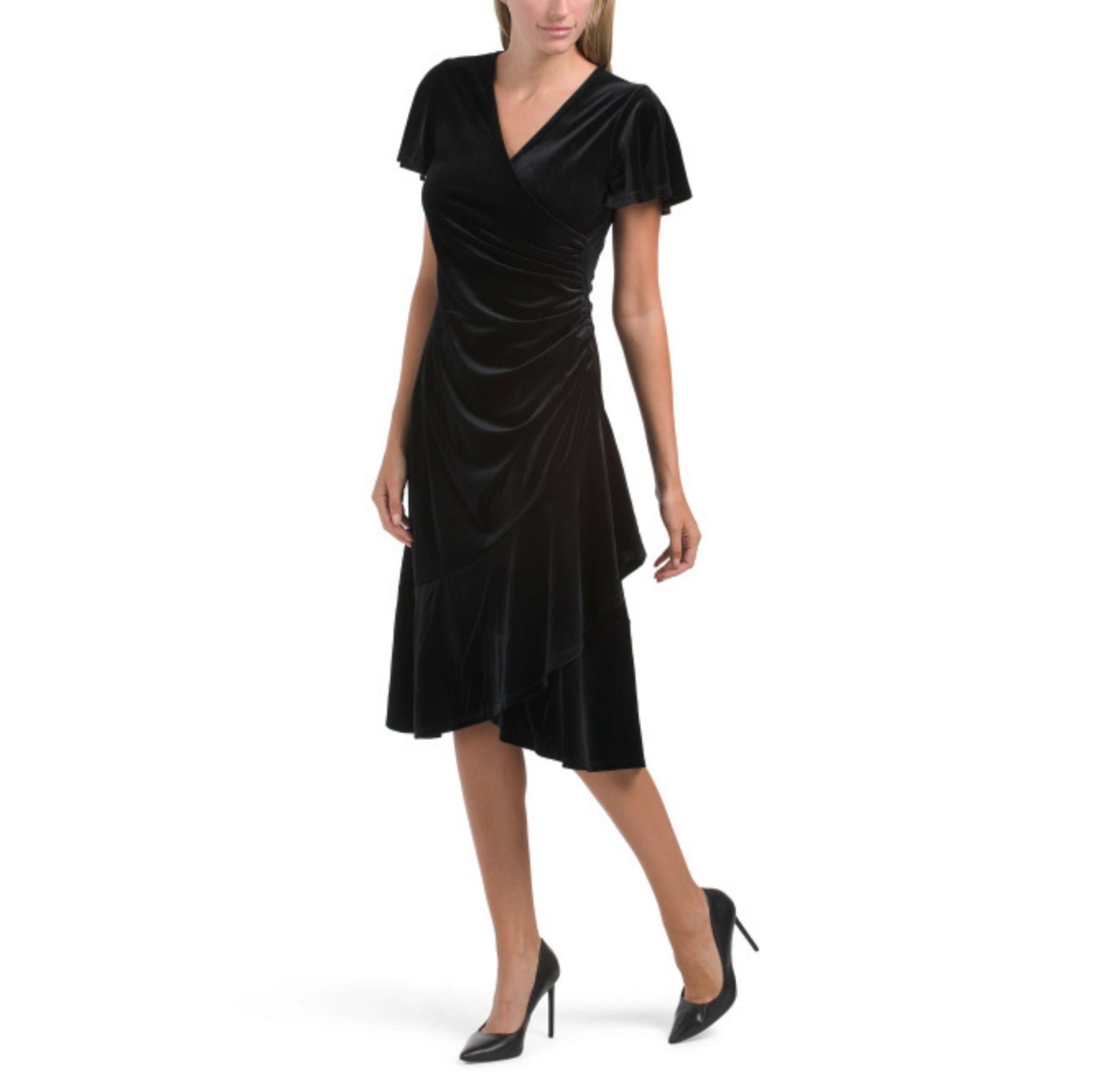 Anne Klein Women's Dahlia Flutter Sleeve Ruffle Skirt Wrap Style Velvet  Midi Dress-Black / 8