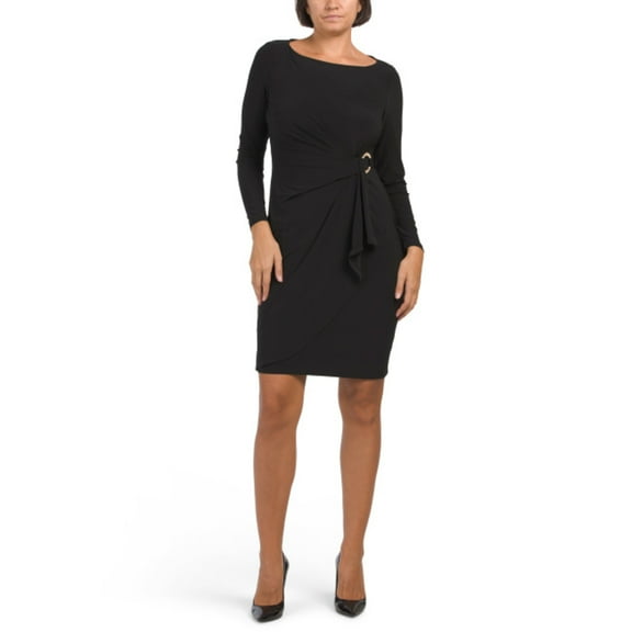Anne Klein Women's Donna Long Sleeve draped side Overlap Mini Dress-Black / 12