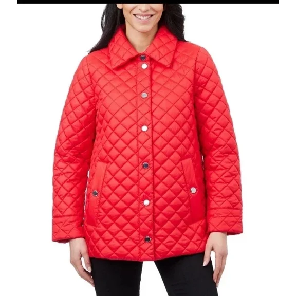 Anne Klein Women's Jacket Quilted Side-Slit Midweight Snap-Front, Red, Small