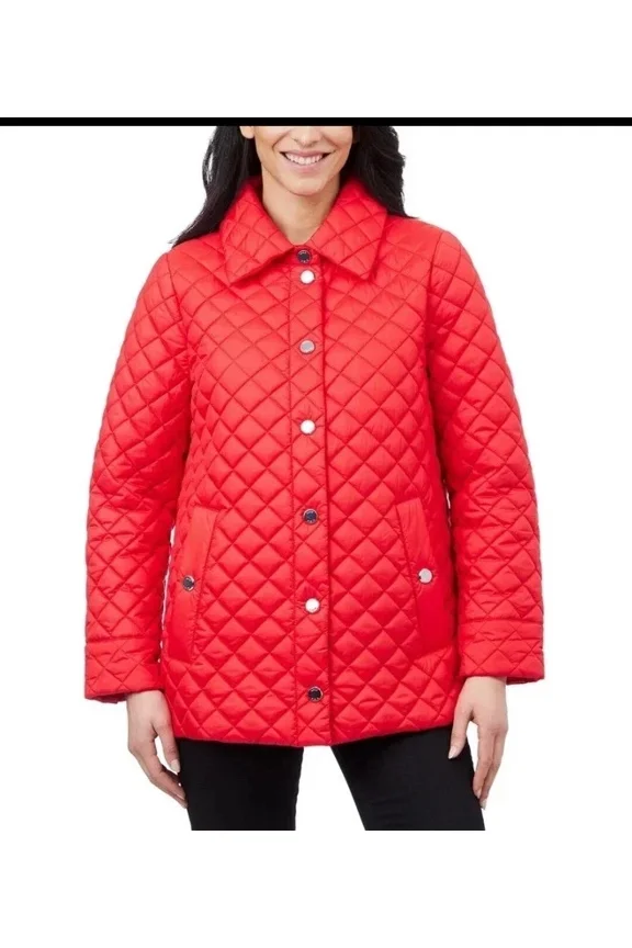 Women's Jacket Quilted Side-Slit Midweight Snap-Front, Red, Small