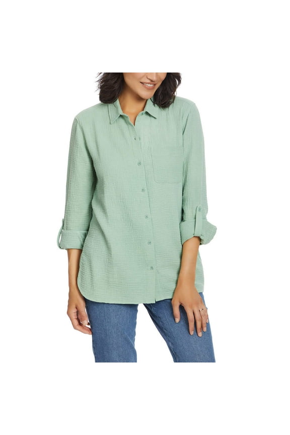 Women's Lightweight Cotton Gauze Top Button Front Shirt-Green / XXL