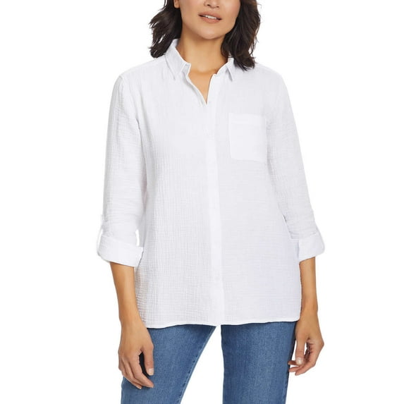 Anne Klein Women's Lightweight Cotton Gauze Top Button Front Shirt-White / XXL